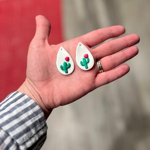 White and Brown Cactus Earrings | Polymer Clay Western Earrings | Statement Earrings