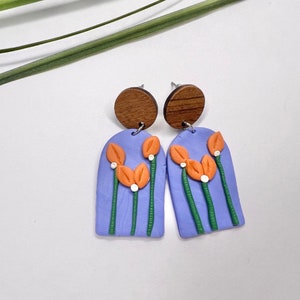 Orange Floral Scene Clay Earrings | Polymer Clay | Statement Earrings