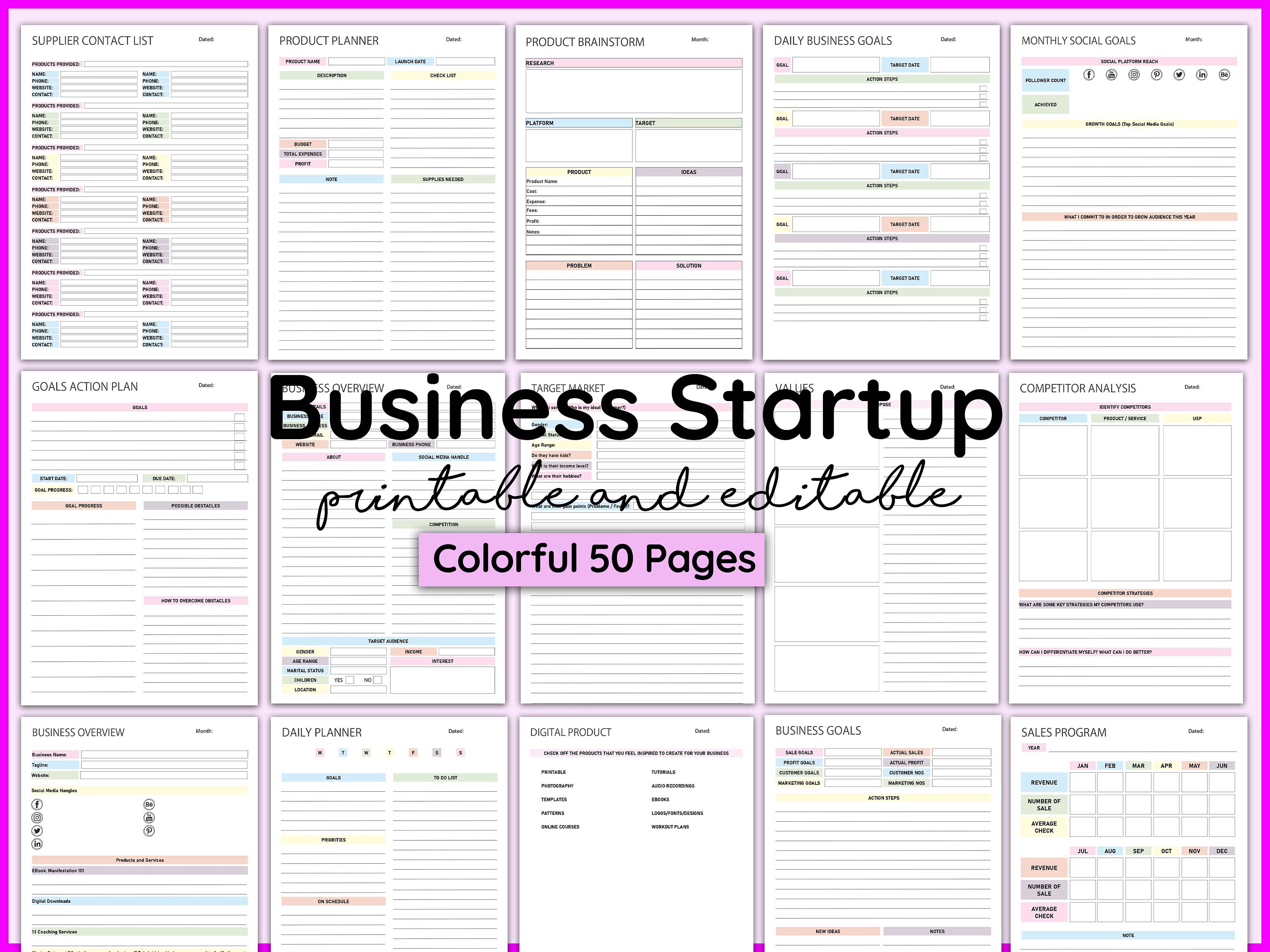Business Startup Planner, Printable and Editable Business Startup ...