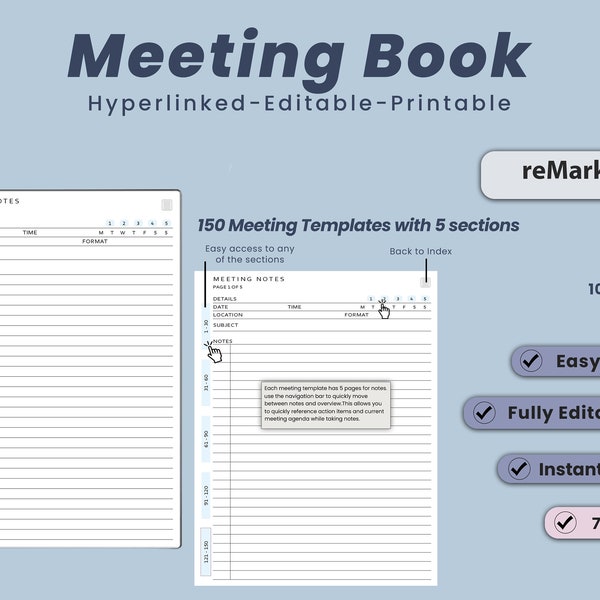 reMarkable Meeting template, reMarkable 2 Templates, Meeting Book, Meeting Notes, Hyperlinked PDF, Remarkable Digital Planner, Remarkable 2