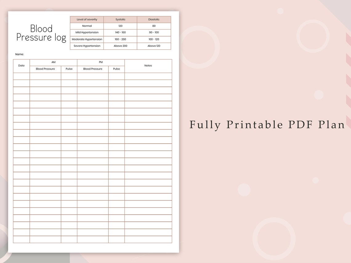 Blood Pressure Log Printable, Monthly Blood Pressure Tracker, Blood ...