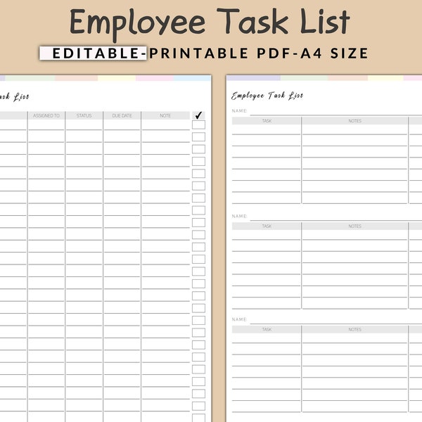 Editable Employee Task list, Task Management, Employee Task Management, Minimalist Employee Task List PDF, Project Planning, Small Business