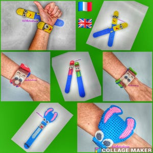 May include: A collection of crocheted wrist cuffs and bookmarks featuring various cartoon characters, including a Minion, Mario and Luigi, Stitch, and a pair of Minions. The cuffs and bookmarks are made with colorful yarn and feature detailed embroidery.