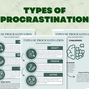 May include: A green and white infographic titled "Types of Procrastination" with illustrations of a magnifying glass, a lightbulb, and a gear. The infographic explains the difference between active and passive procrastination.