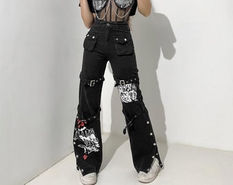 Pantalon cargo noir, jean décoré de sangles et de boucles, pantalon baggy, pantalon streetwarm an 2000 grunge, pantalon gothique