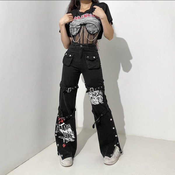 Pantalon cargo noir, jean décoré de sangles et de boucles, pantalon baggy, pantalon streetwarm an 2000 grunge, pantalon gothique