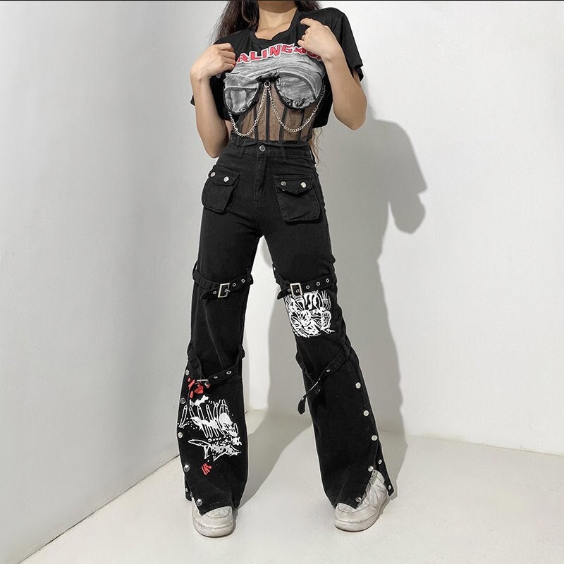 Womens Girls High Waisted Cargo Pants Straight Wide Leg Baggy Jeans Y2k  Gothic  Fruugo NO