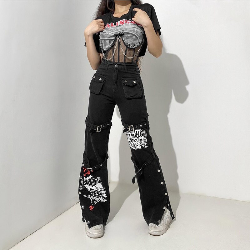 Jeans Folgados Goth Dark Cyber Y2k Punk Wide Leg Techwe