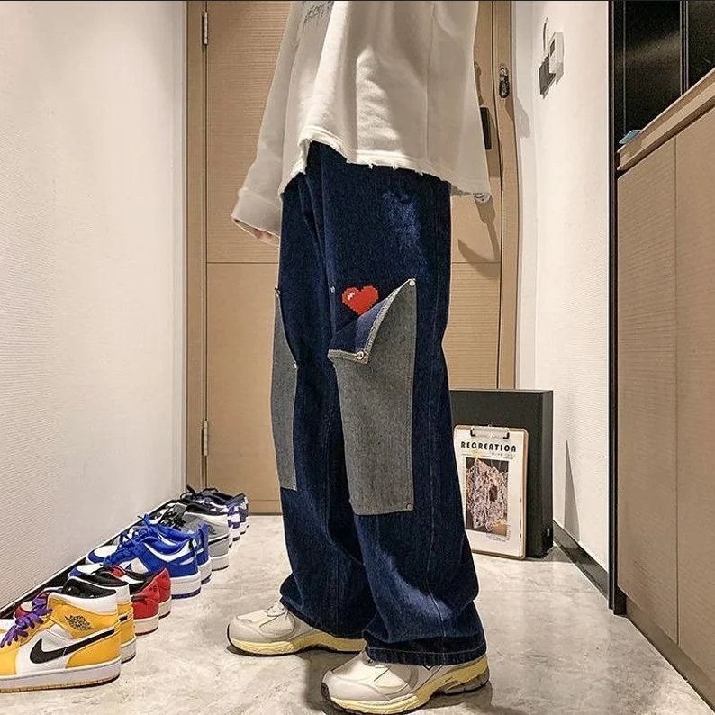 CultureGoodsCo Blue Streetwear Jeans with Baggy Urban Style, Patchwork Denim Pants, 8-Bit Heart Printed Pants, Patched Loose-Fit Pants