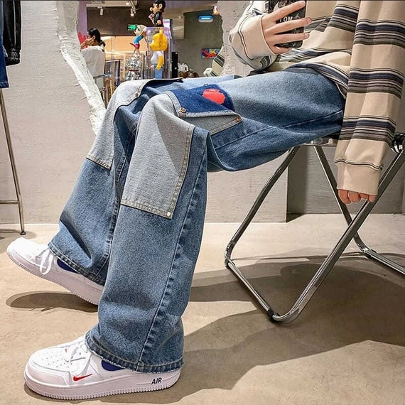 CultureGoodsCo Blue Streetwear Jeans with Baggy Urban Style, Patchwork Denim Pants, 8-Bit Heart Printed Pants, Patched Loose-Fit Pants