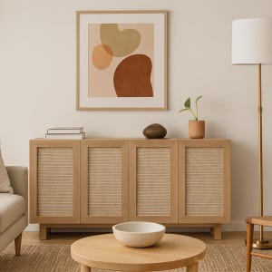 Summer Breeze – White Oak Rattan Media Console, Coastal TV Stand, Modern Wood Cabinet, Handmade Storage Credenza