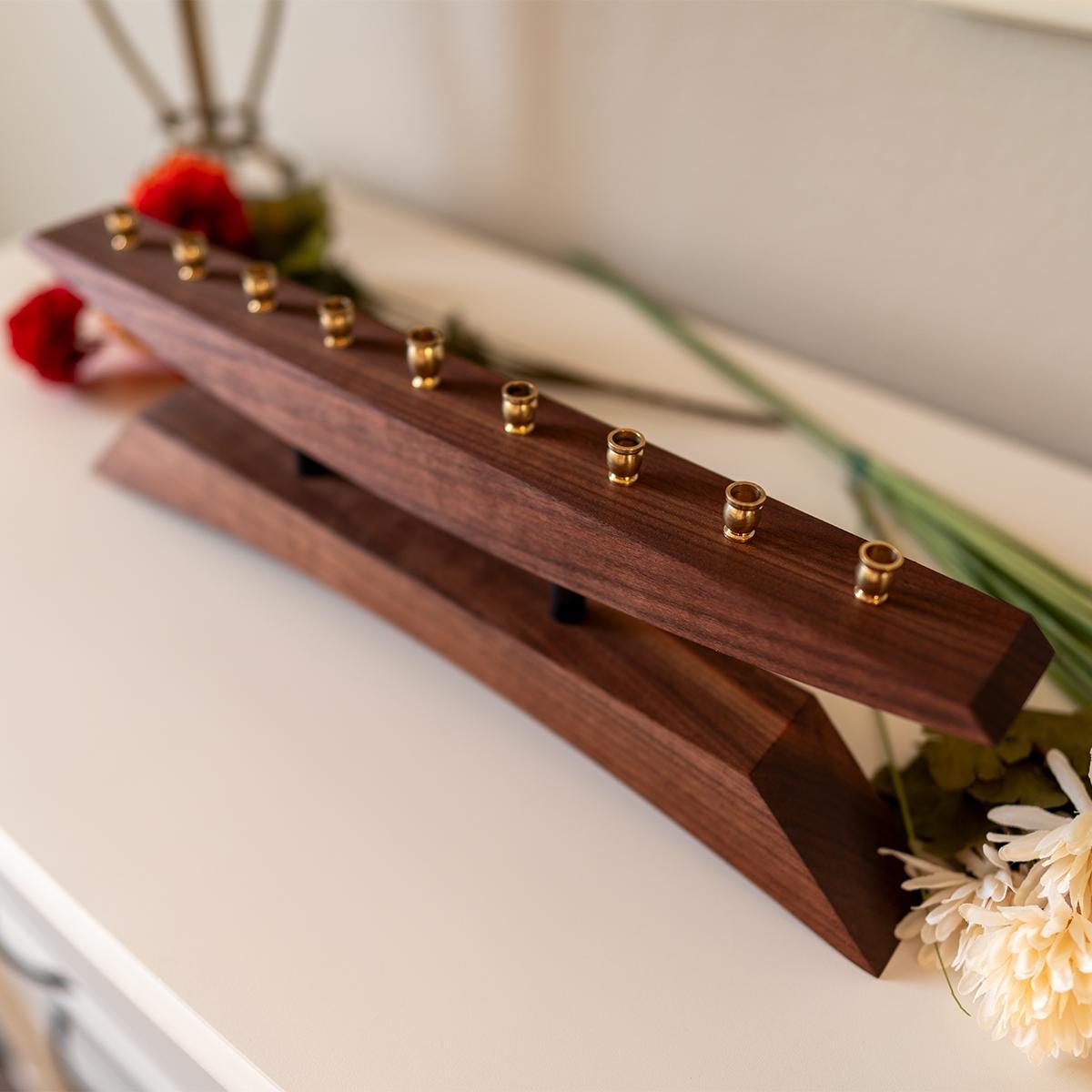 Menorah in Walnut wood with Brass candle cups
