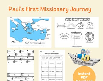 May include: A collection of Bible study activity sheets. Includes a map of Paul's first missionary journey, a memory verse illustration, a boat scene, and a worksheet. The text reads "Bible Story Activities" and "Paul's First Missionary Journey."