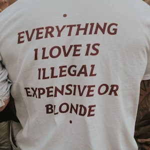 May include: A white t-shirt featuring dark red text on the back that reads: EVERYTHING I LOVE IS ILLEGAL EXPENSIVE OR BLONDE. The text is centered with a small dot positioned above the first line and another dot below the final word of the text.