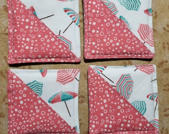 Quilted coasters, handmade set of 4, washable cotton, heat resistant insulation, beach umbrellas in coral and turquoise,reversible,absorbent