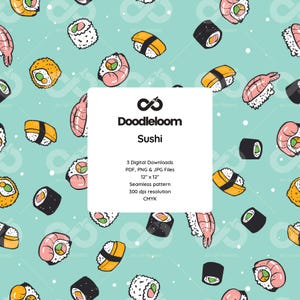 May include: A seamless pattern featuring various types of sushi, including nigiri, maki, and sashimi, on a light blue background. The pattern is perfect for creating digital or printed designs.
