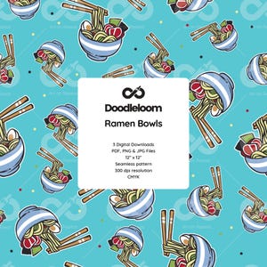Peut inclure: Un motif répétitif de bols de ramen de dessin animé avec des baguettes sur un fond turquoise. Les bols sont bleus et blancs, remplis de nouilles, d'œufs et d'algues. Le texte "Doodleloom Ramen Bowls" est inclus.