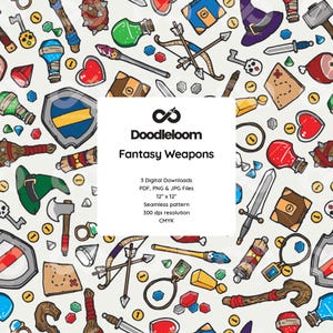 May include: A seamless pattern featuring a variety of fantasy weapons and objects, including swords, axes, shields, potions, and treasure chests. The pattern is drawn in a doodle style with a white background and colorful accents.