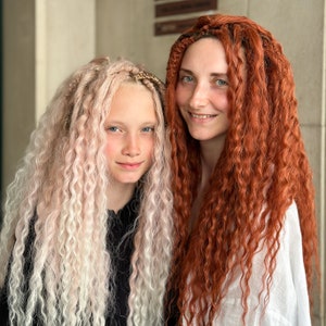 Copper Curly Locks Double Ended, Long Wavy Mermaid Hair Extensions, Ginger Synthetic Dreads with Boho Locs, Braid In Voluminous Curls