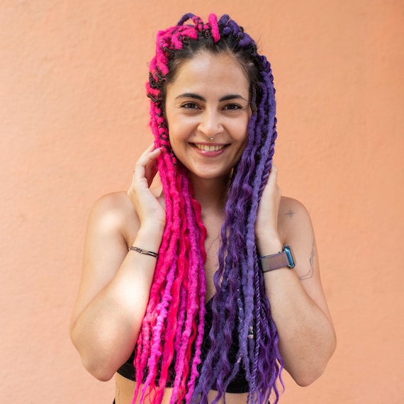 Braid In Synthetic Dreads in Hot Pink & Purple, Bright Crochet Boho Dreadlocks Single or Double Ended