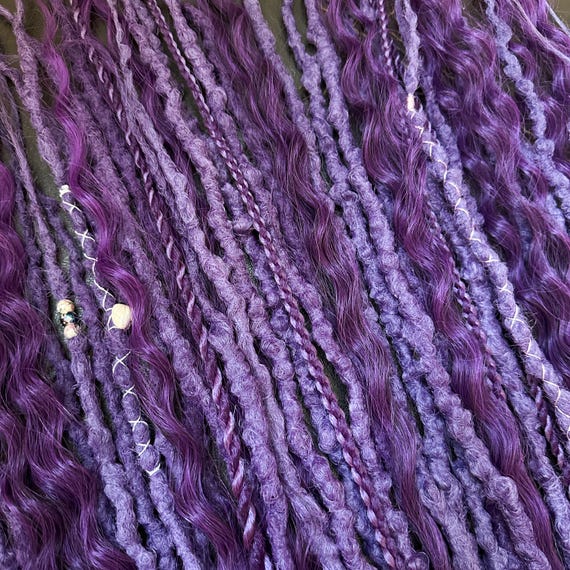 Purple Braid In Dreads, Synthetic Double or Single Ended Dreadlock Extensions with Curly Loose Ends