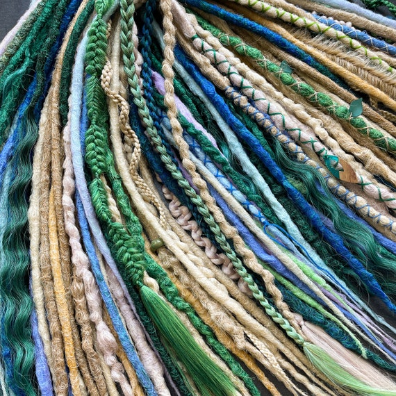 Crochet Synthetic Dreadlocks DE SE, Custom Blue and Green Braid In Dreads, Sandy Blonde Distressed Faux Locs Double Ended for Burning Man
