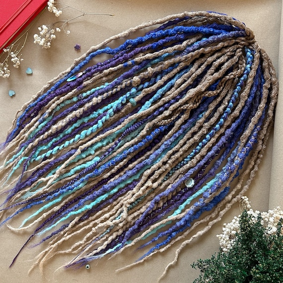 Synthetic Braid In Dreads in Blue and Blonde, Handmade Double or Single Ended Dreadlock Extensions, Temporary Crochet Faux Locs