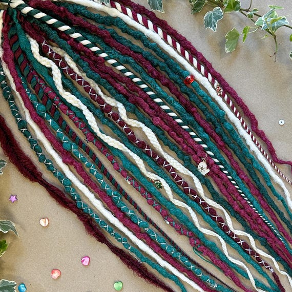 Xmas Braid In Synthetic Dreads Green & Burgundy Festive Temporary Dreadlocks Double or Single Ended, Christmas Faux Hair Extensions