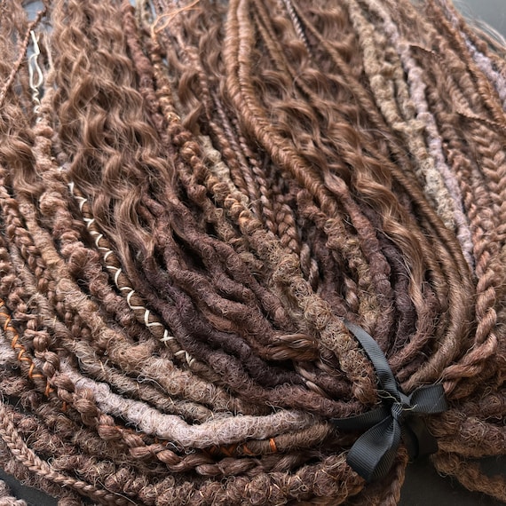 Natural look synthetic dreads single or double ended, Mix of decorated light brown DE dreadlock extensions, Textured crochet locs DPBR