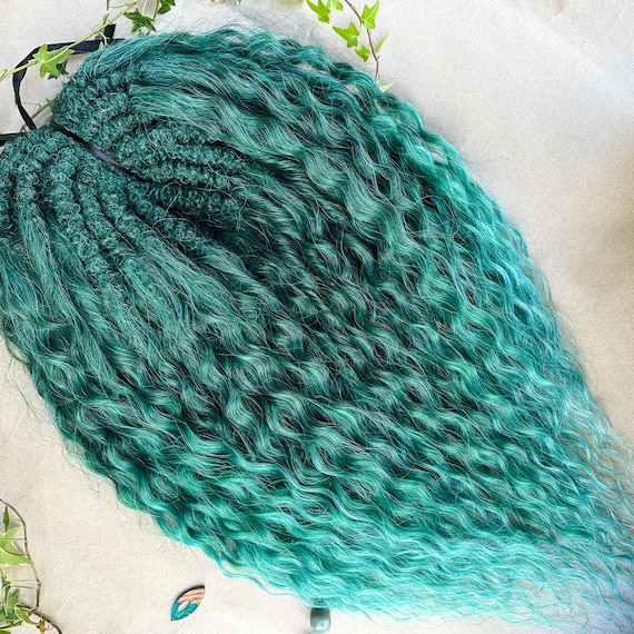Voluminous Braid In Dreads with Wavy Loose Ends, Teal Green Synthetic Boho Curly Locks, Long Hair Extensions