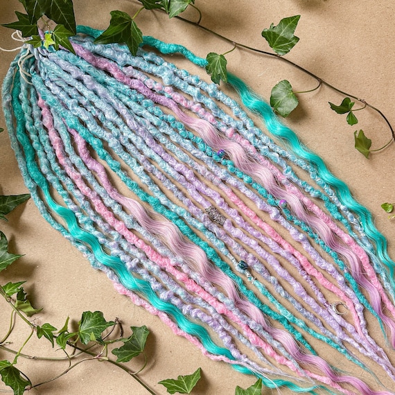 Handmade Braid In Dreads SE or DE, Pastel Pink and Mint Temporary Crochet Synthetic Dreadlocks with Wavy Ends