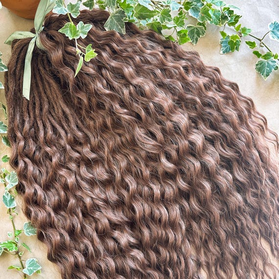 Braid In Dreads with Wavy Loose Ends, Synthetic Brown Goddess Locs Double Ended, Boho Faux Curly Locks