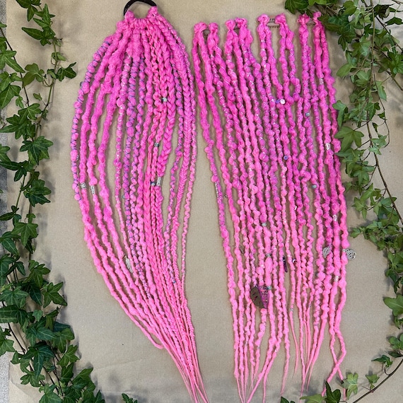 Dreadlock Clip-in Extensions or Ponytail, Temporary Pink Synthetic Dreads, Hair Clips with Faux Locs for Kids and Adults