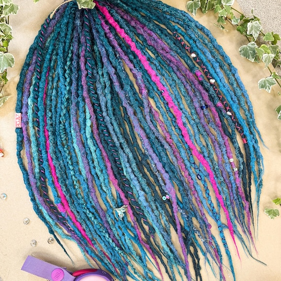 Braid In Synthetic Dreads Double or Single Ended, Cyan and Pink Dreadlocks, Handmade Lightweight Crochet Faux Locs