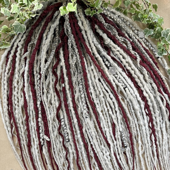 Synthetic Braid In Dreads Double or Single Ended, Salt and Pepper Dreadlocks with Burgundy Accents, Handmade Lightweight Crochet Faux Locs