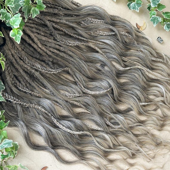 Set of Braid In Synthetic Dreads with Wavy Loose Ends, 25 Inches Double Ended Grey Ombre Goddess Locs