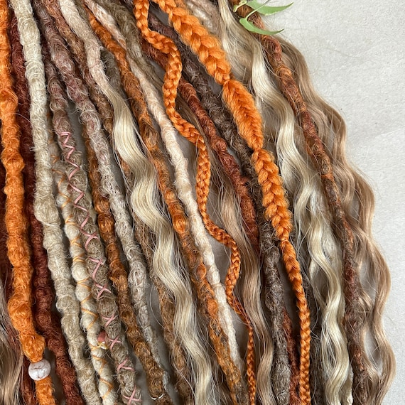 Ginger dreadlocks, Blond and Auburn synthetic extensions, Copper fake dreads, Wavy dreadlocks, Curly locks, Bohemian dreads, Natural look
