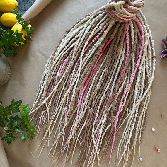 Synthetic Braid In Dreads Double or Single Ended, Blond and Beige Dreadlocks with Pink Accents, Handmade Lightweight Crochet Faux Locs