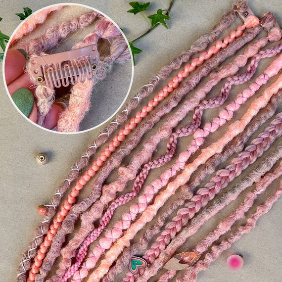 Clip In Braids and Dreads, Pink ombre synthetic dreadlocks, Pastel goth clip in extensions, Decorated candy fake dread locs on hair clips