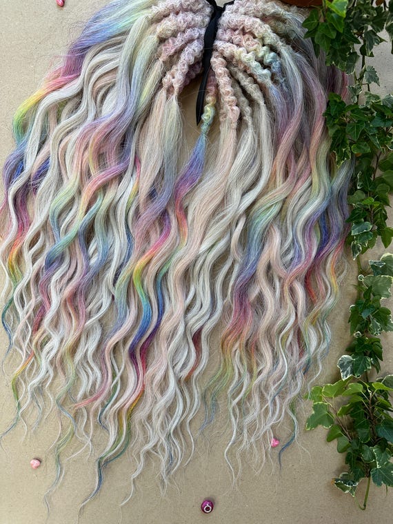 Rainbow Wavy Extensions, Unicorn dreadlocks, Pastel rainbow dreadlocks, Colourful loose wavy hair, Colourful ombre curly dreads, Boho Hippie