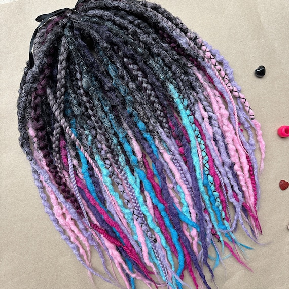 Black Ombre Braid In Dreads DE or SE, Pink & Blue Crochet Synthetic Dreadlocks Double Ended, Temporary Pastel Goth Loc Extensions