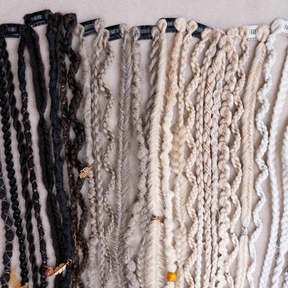 Set of Clip-in dreadlocks and braids, White blonde to black synthetic dreads clip in extensions, Decorated fake locks on hair clips