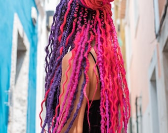 Pink and Purple Synthetic Dreadlocks, Colorful Braided Hair Extensions, Crochet Dreads Full Set