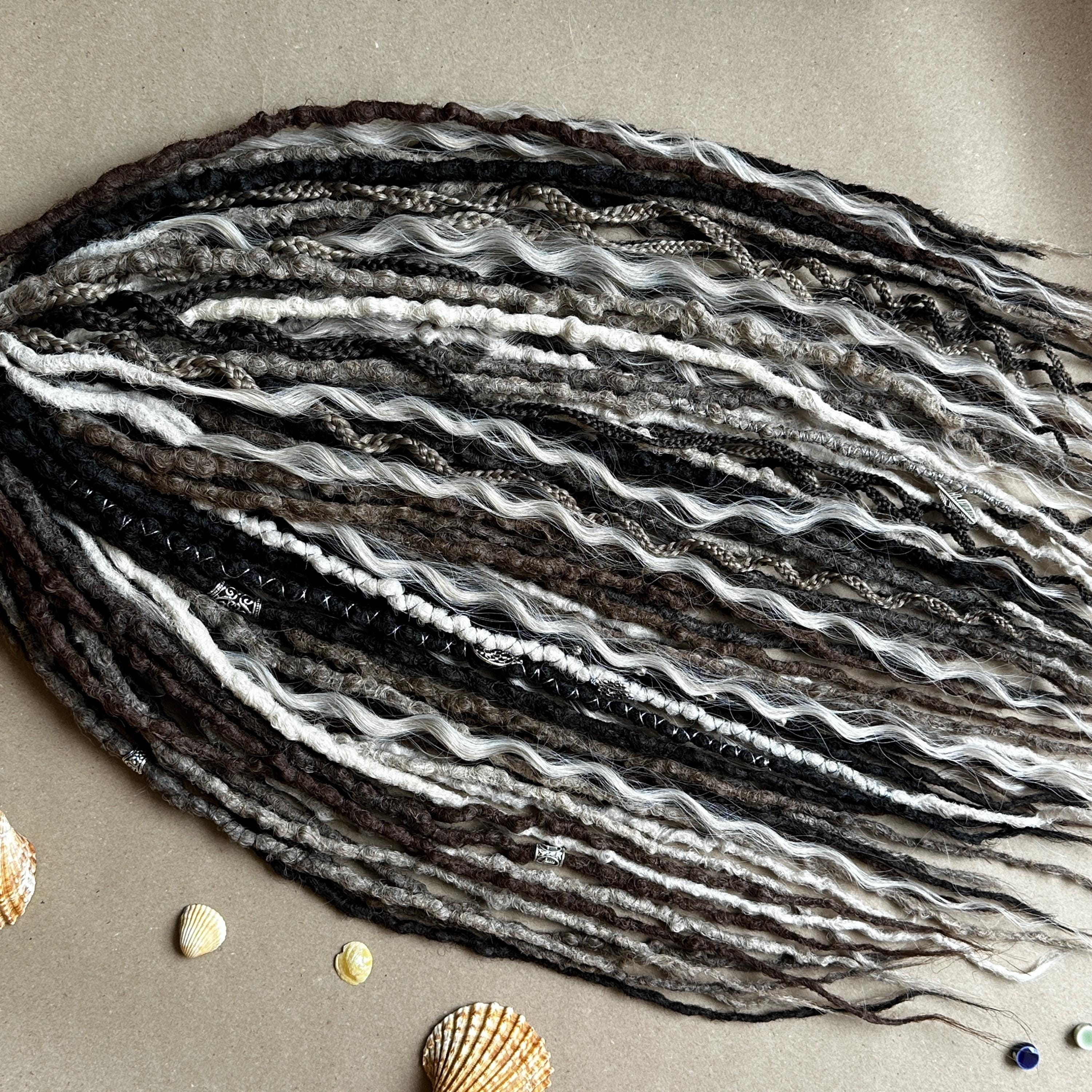 Natural Colours Locks, Dark Brown Ashy Dreadlocks, Black and Silver Dreads, Viking Style Hair Extensions