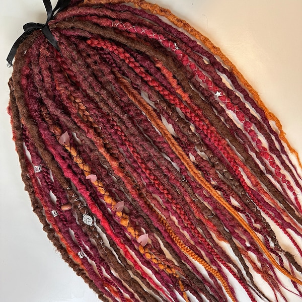 Dreadlocks rouges, dreads bordeaux doubles, extensions de cheveux corail, fausses dreads, dreads rubis, dreads rouges synthétiques, extensions marrons