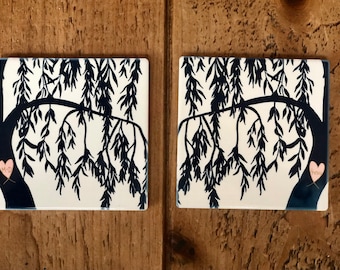 Willow Tree Coasters - 9th Anniversary Gift - willow anniversary - pottery anniversary - personalised willow gift