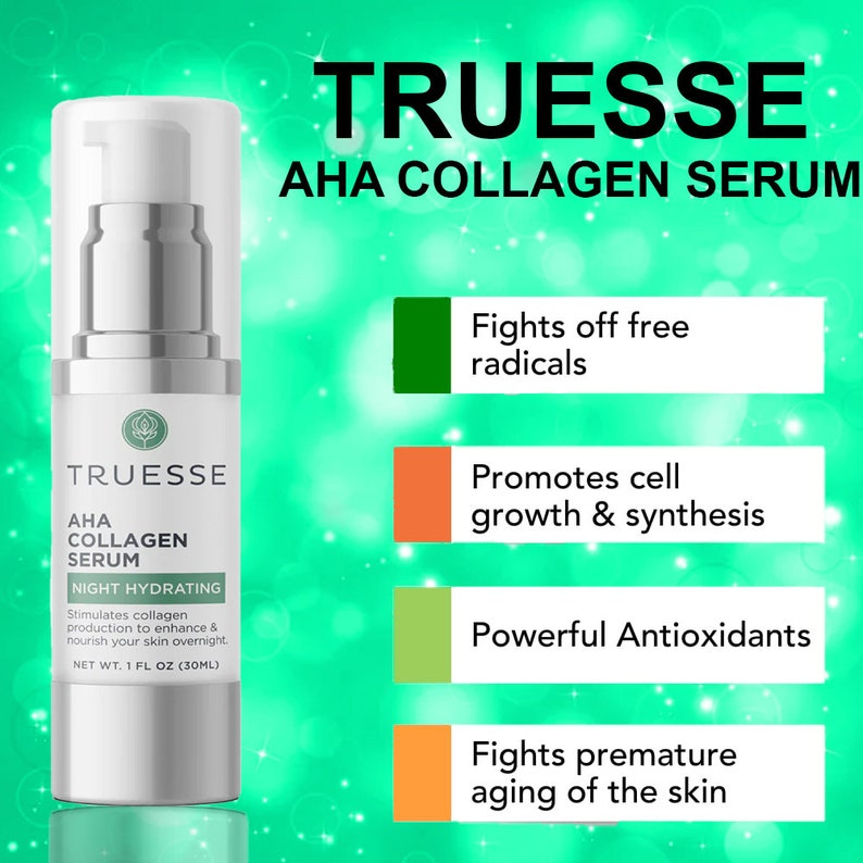 May include: A white bottle of Truesse AHA Collagen Serum with a green, orange, and yellow background. The bottle is labeled with the product name and the words "Night Hydrating". The background features text describing the benefits of the serum, including "Fights off free radicals", "Promotes cell growth & synthesis", "Powerful Antioxidants", and "Fights premature aging of the skin".
