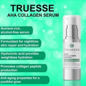 May include: A white bottle of Truesse AHA Collagen Serum with a green label. The label says "Night Hydrating" and "Stimulates collagen production to enhance & nourish your skin overnight." The bottle is on a green background with white dots.