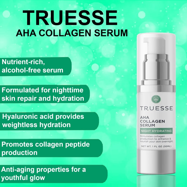 May include: A white bottle of Truesse AHA Collagen Serum with a green label. The label says "Night Hydrating" and "Stimulates collagen production to enhance & nourish your skin overnight." The bottle is on a green background with white dots.