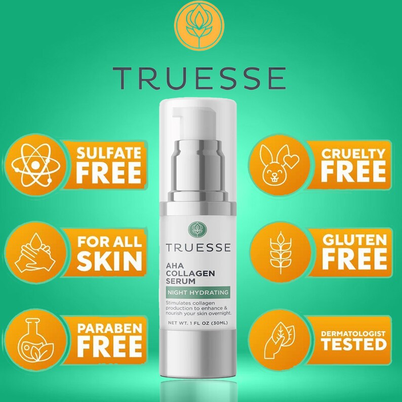 May include: A white bottle of Truesse AHA Collagen Serum with a green label. The label says "Night Hydrating" and "Stimulates collagen production to enhance & nourish your skin overnight." The bottle is on a green background with orange and white icons that say "Sulfate Free", "Cruelty Free", "For All Skin", "Gluten Free", "Paraben Free", and "Dermatologist Tested".